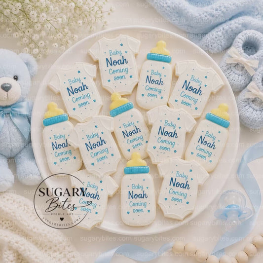 Baby Shower Cookies, Personalized Baby Shower Cookies – Custom Baby Name Onesie & Bottle Cookies, 12 Baby Shower Favors (Approximately 4 inches each)